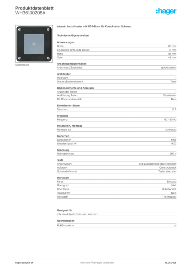 Bild Hager Produktdatenblatt WH36130205A | Hager Schweiz