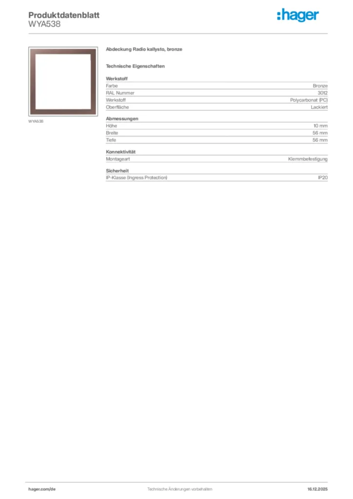 Bild Hager Produktdatenblatt WYA538 | Hager Deutschland