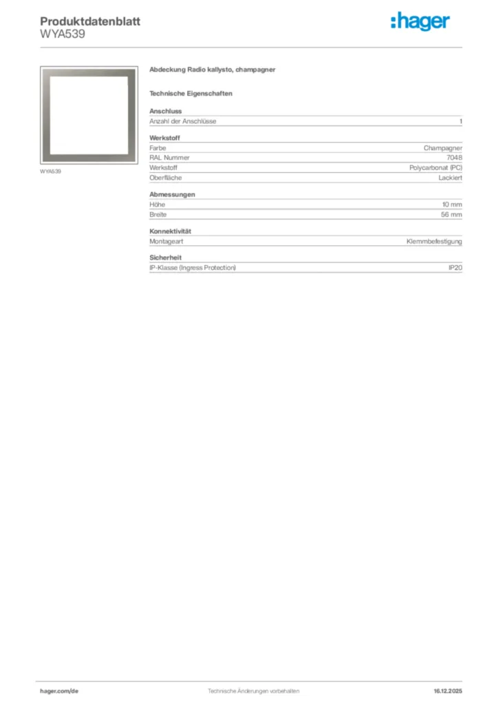 Bild Hager Produktdatenblatt WYA539 | Hager Deutschland