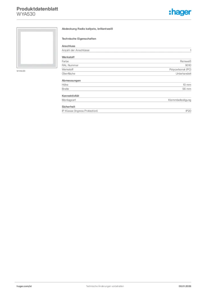 Bild Hager Produktdatenblatt WYA530 | Hager Deutschland