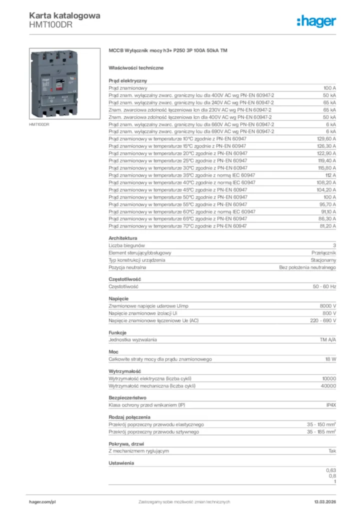 Zdjęcie Hager Karta katalogowa HMT100DR | Hager Polska
