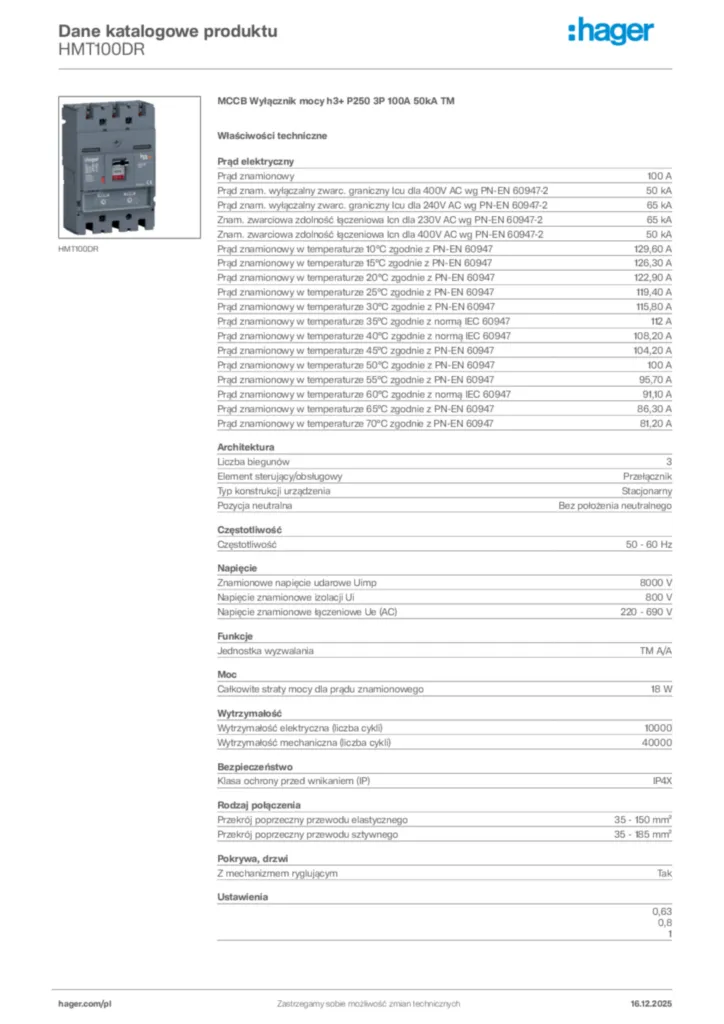 Zdjęcie Hager Karta katalogowa HMT100DR | Hager Polska