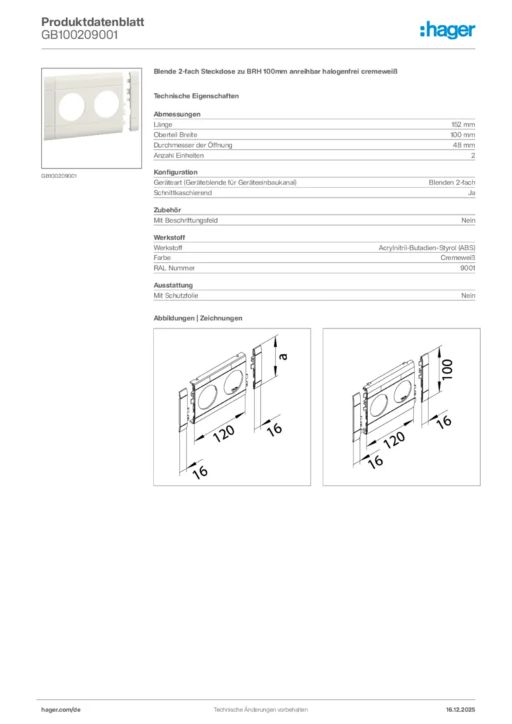 Bild Hager Produktdatenblatt GB100209001 | Hager Deutschland