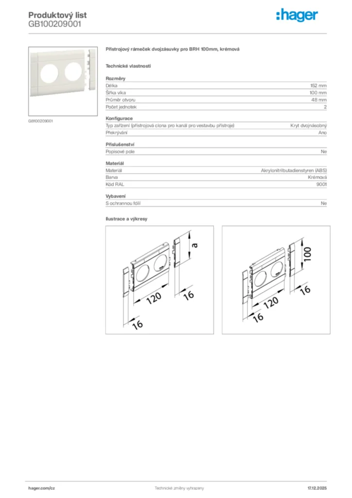 Obrázek Hager Produktový list GB100209001 | Hager