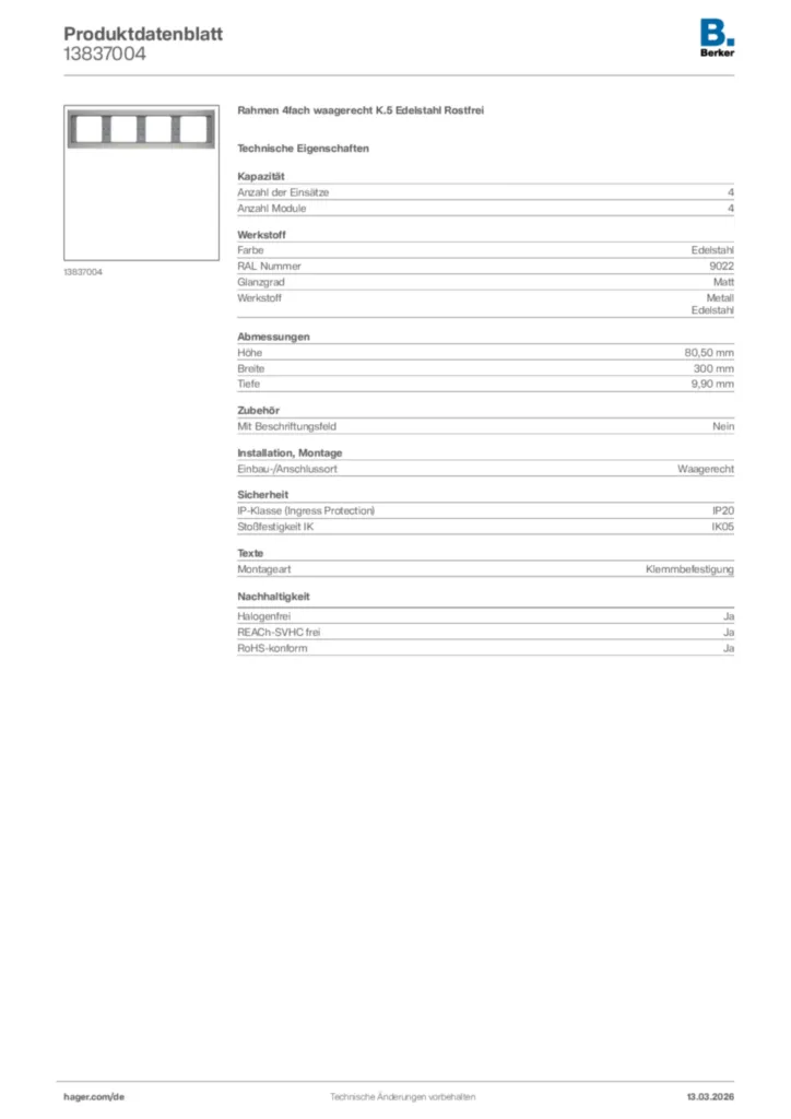 Bild Berker Produktdatenblatt 13837004 | Hager Deutschland