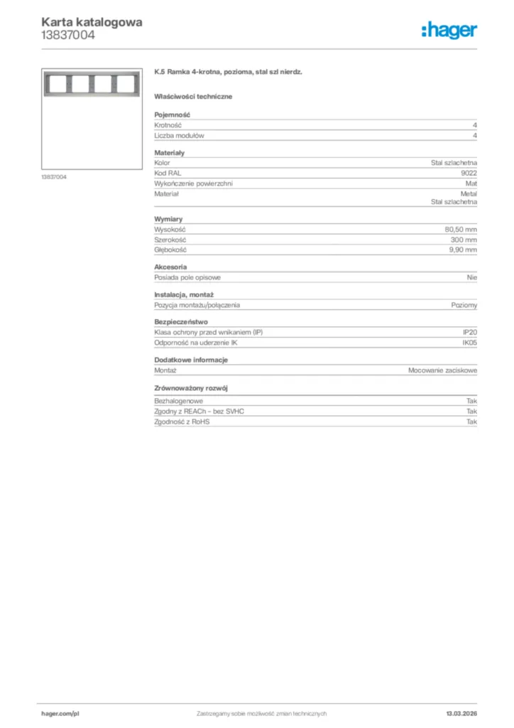 Zdjęcie Hager Karta katalogowa 13837004 | Hager Polska