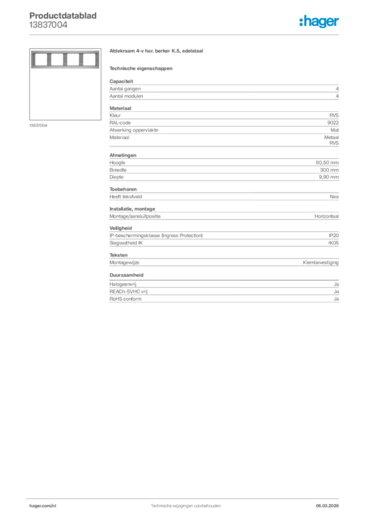 Afbeelding Hager Productdatablad 13837004 | Hager Nederland