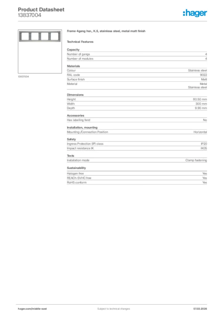 Image Hager Product data sheet 13837004  | Hager