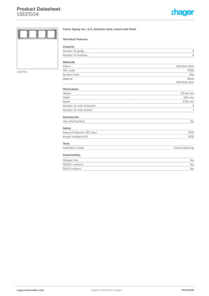Image Hager Product data sheet 13837004  | Hager