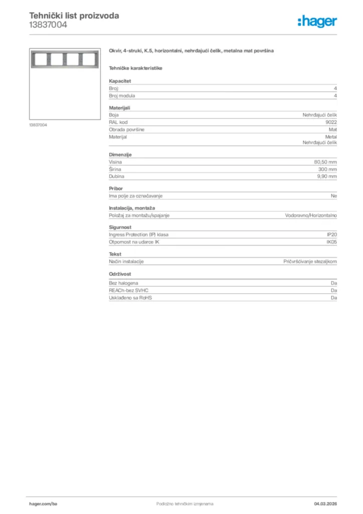 Slika Hager Tehnički list proizvoda 13837004  | Hager