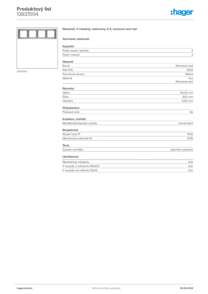 Obrázek Hager Product data sheet 13837004 | Hager