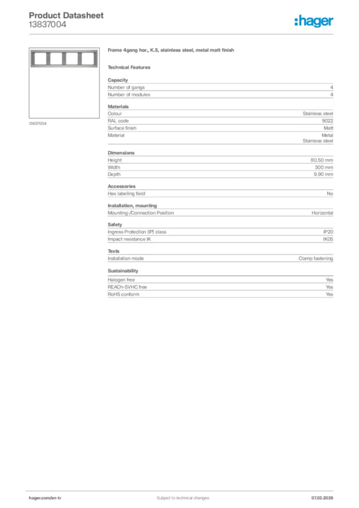 Image Hager Product data sheet 13837004  | Hager