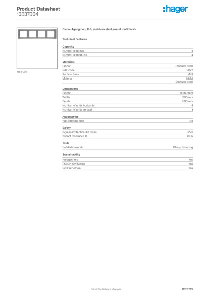Image Hager Product data sheet 13837004  | Hager