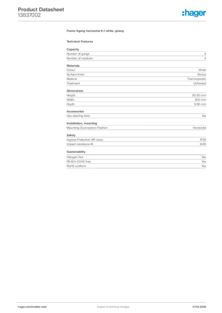 Image Hager Product data sheet 13837002  | Hager