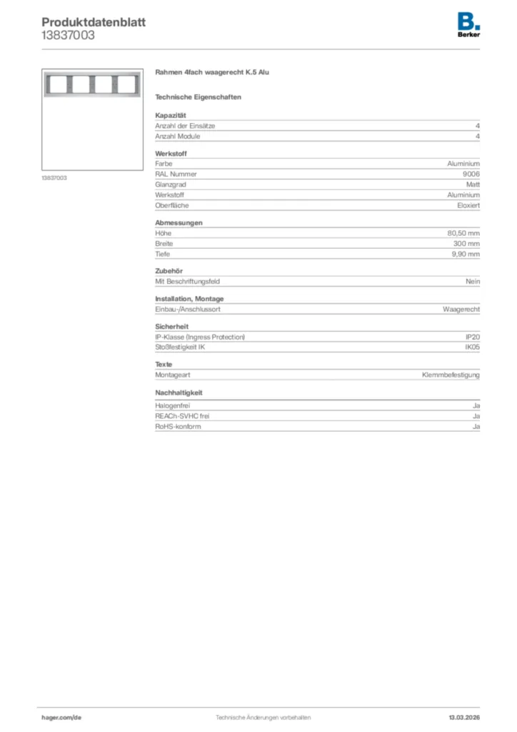 Bild Berker Produktdatenblatt 13837003 | Hager Deutschland