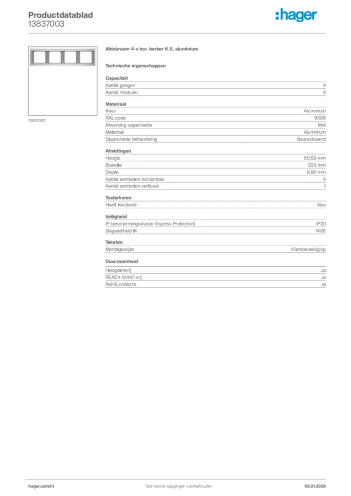 Afbeelding Hager Productdatablad 13837003 | Hager Nederland