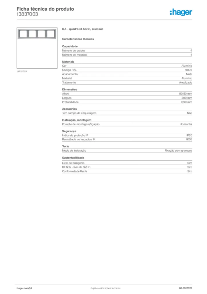 Imagem Hager Ficha técnica do produto 13837003 | Hager Portugal