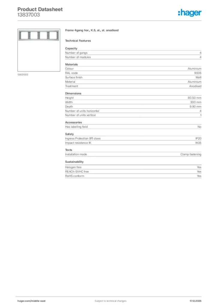 Image Hager Product data sheet 13837003  | Hager