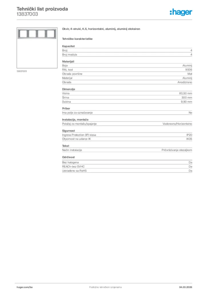 Slika Hager Tehnički list proizvoda 13837003  | Hager