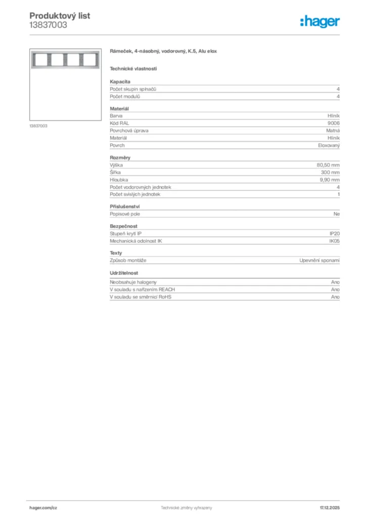 Obrázek Hager Produktový list 13837003 | Hager