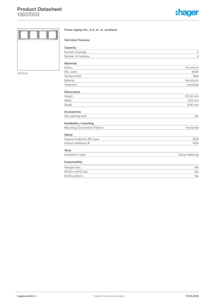 Image Hager Product data sheet 13837003  | Hager
