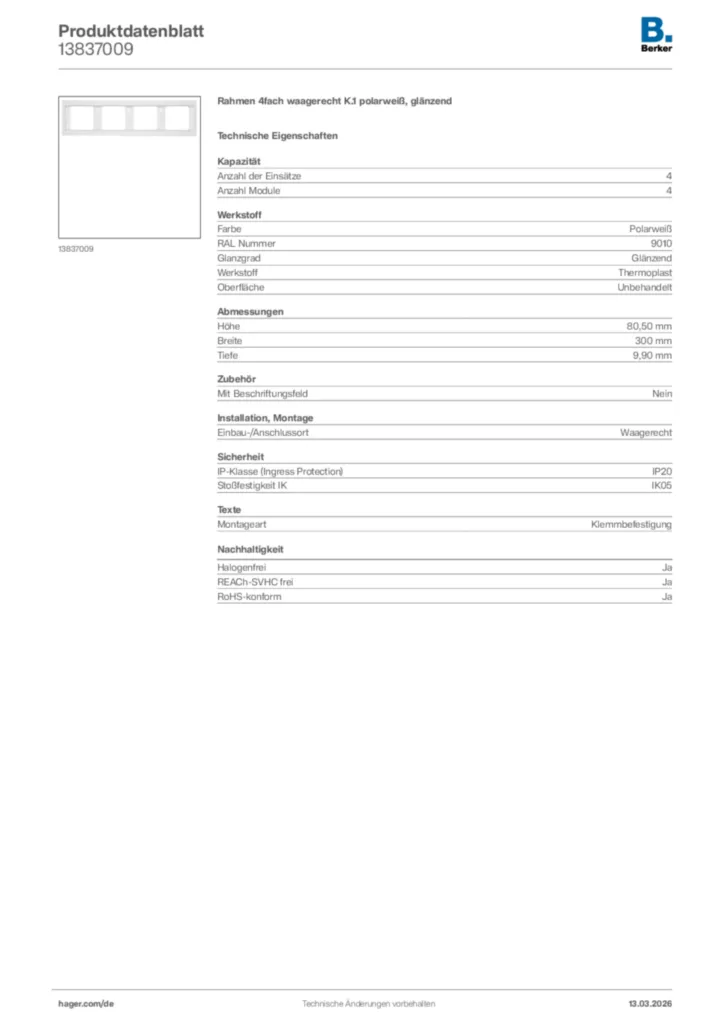 Bild Berker Produktdatenblatt 13837009 | Hager Deutschland