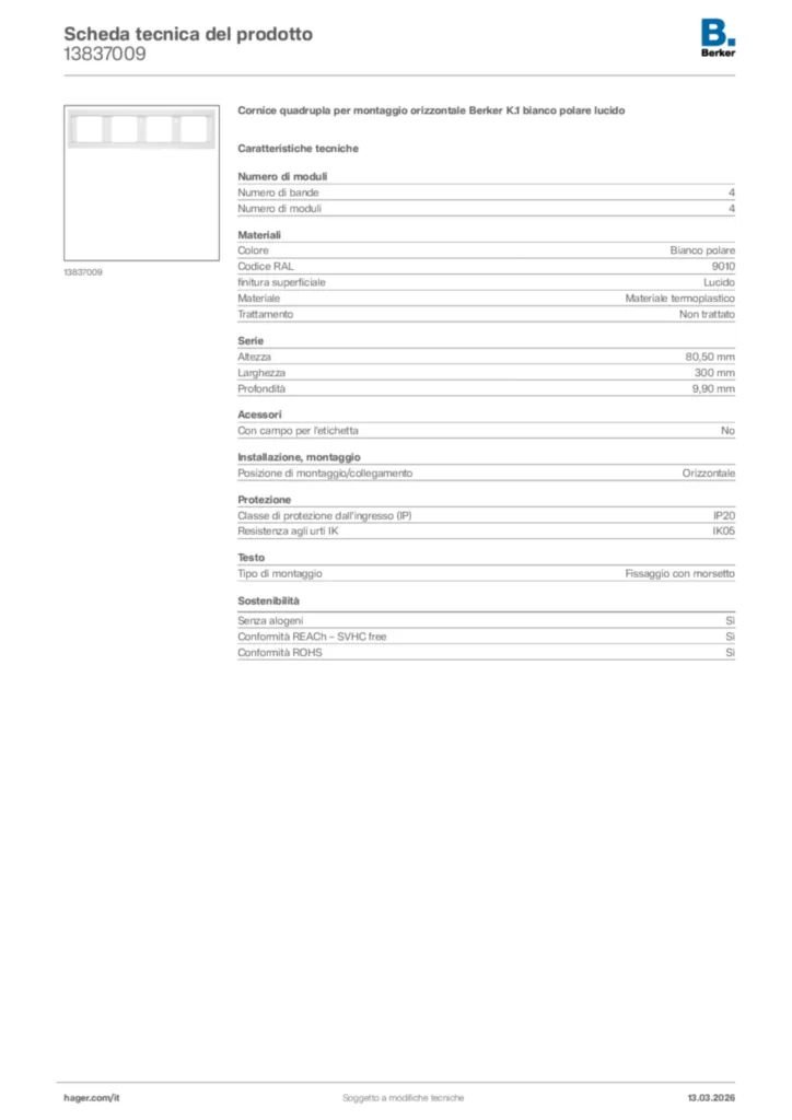 Immagine Berker Scheda tecnica del prodotto 13837009 | Hager Italia