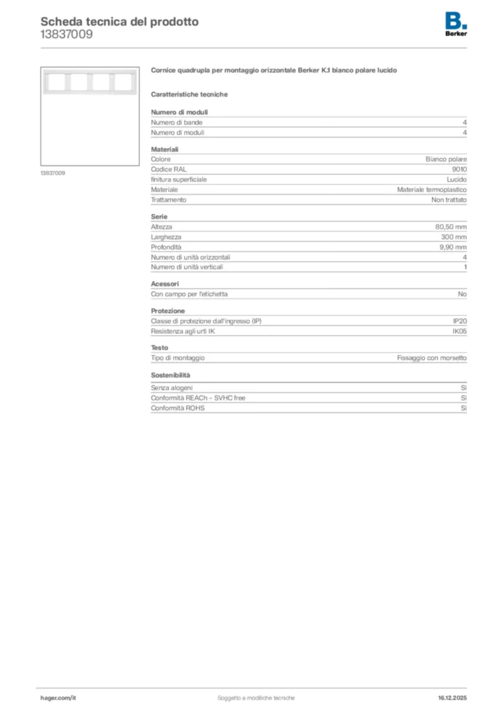 Immagine Berker Scheda tecnica del prodotto 13837009 | Hager Italia