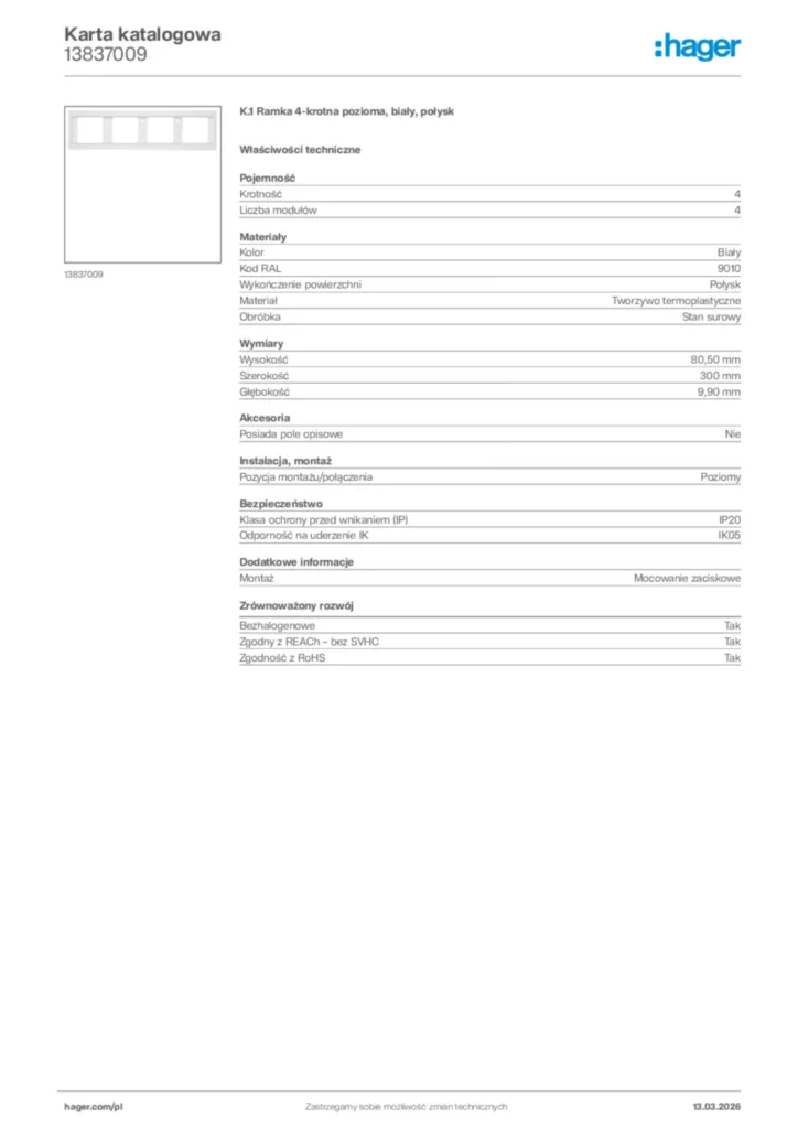 Zdjęcie Hager Karta katalogowa 13837009 | Hager Polska