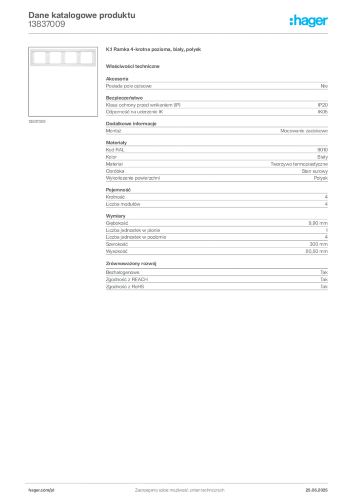 Zdjęcie Hager Karta katalogowa 13837009 | Hager Polska