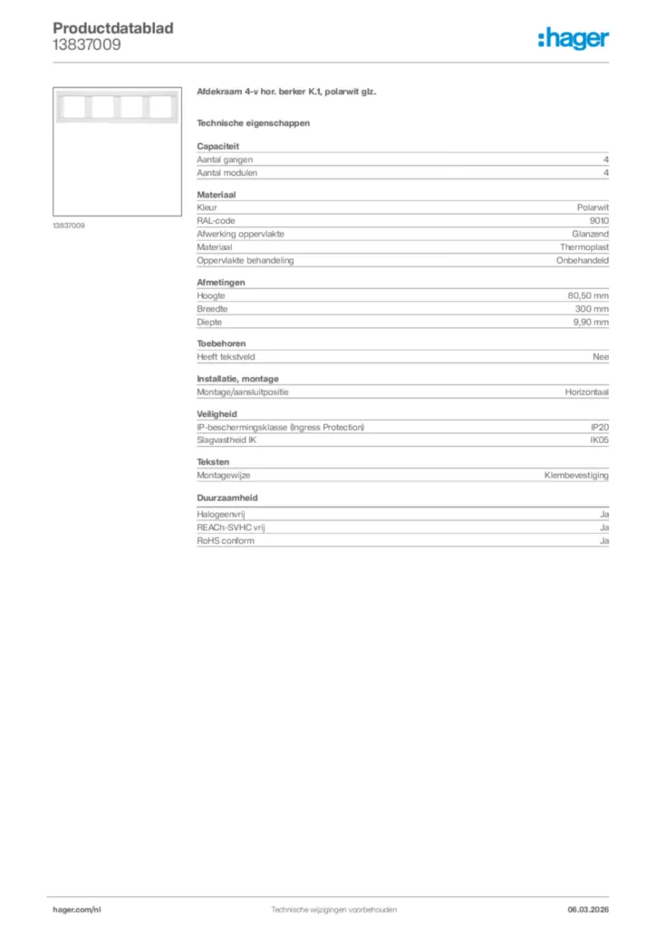 Afbeelding Hager Productdatablad 13837009 | Hager Nederland