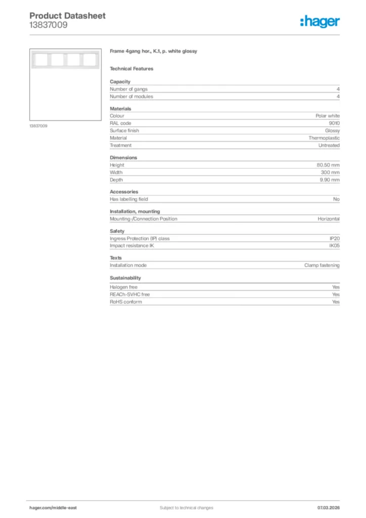 Image Hager Product data sheet 13837009  | Hager
