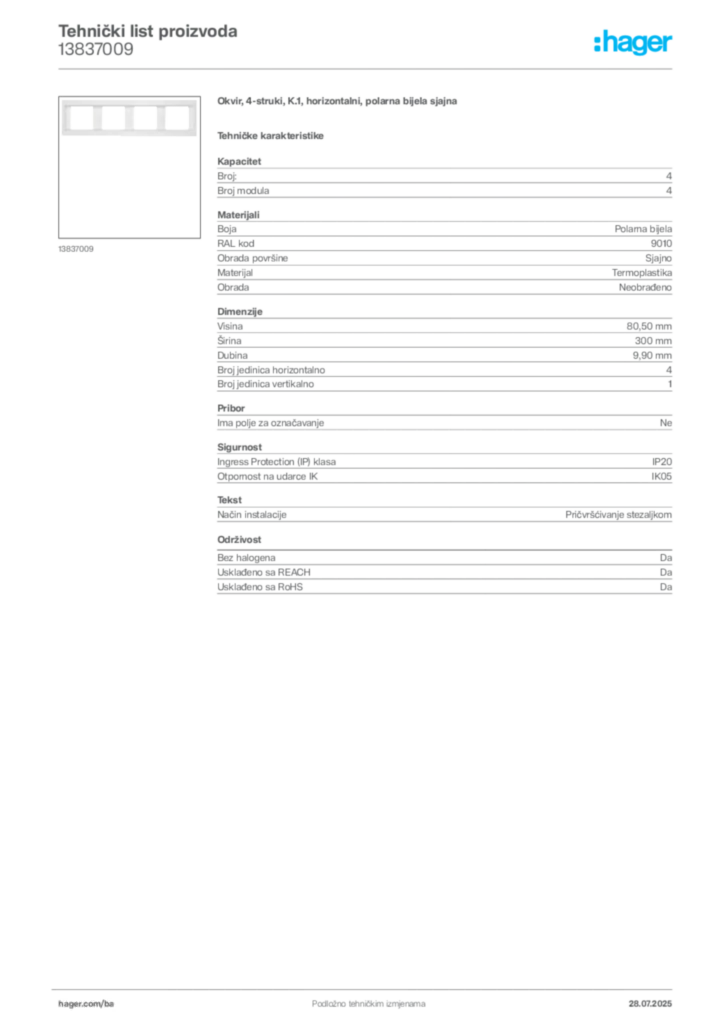 Slika Hager Product data sheet 13837009  | Hager