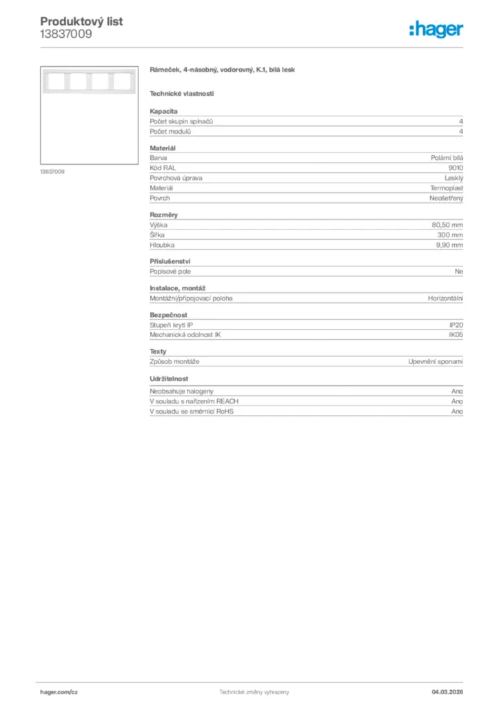 Obrázek Hager Product data sheet 13837009 | Hager