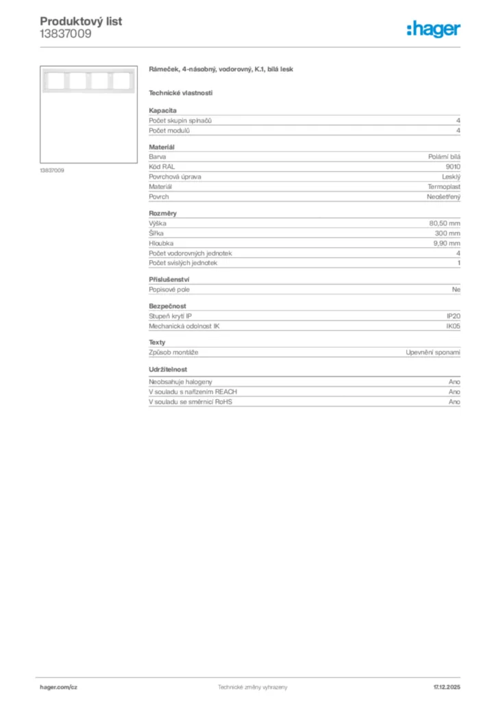 Obrázek Hager Produktový list 13837009 | Hager