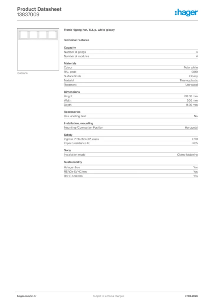 Image Hager Product data sheet 13837009  | Hager