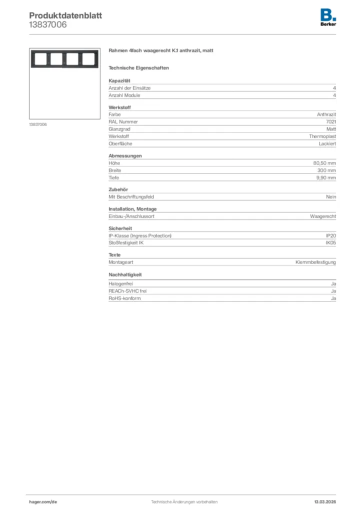 Bild Berker Produktdatenblatt 13837006 | Hager Deutschland