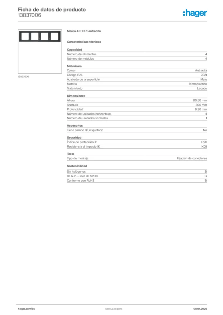 Imagen Hager Ficha de datos de producto 13837006 | Hager España