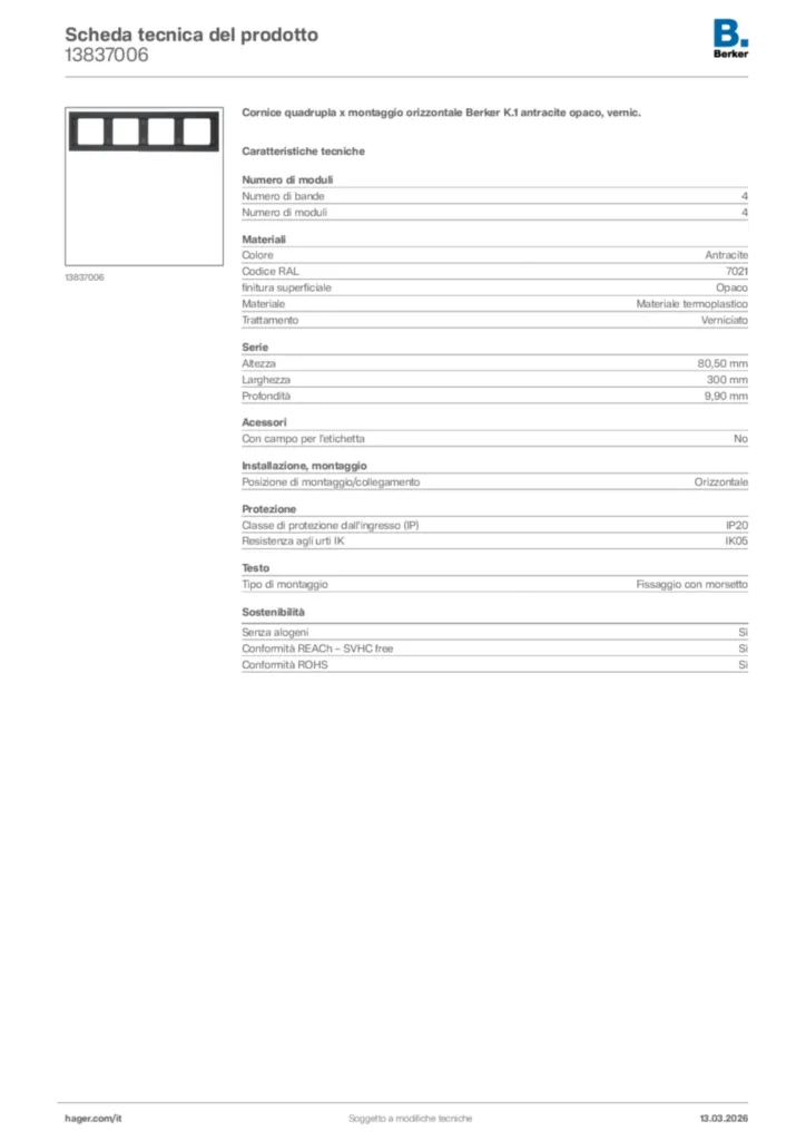 Immagine Berker Scheda tecnica del prodotto 13837006 | Hager Italia