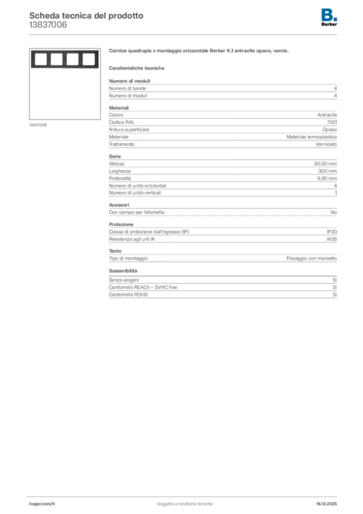 Immagine Berker Scheda tecnica del prodotto 13837006 | Hager Italia