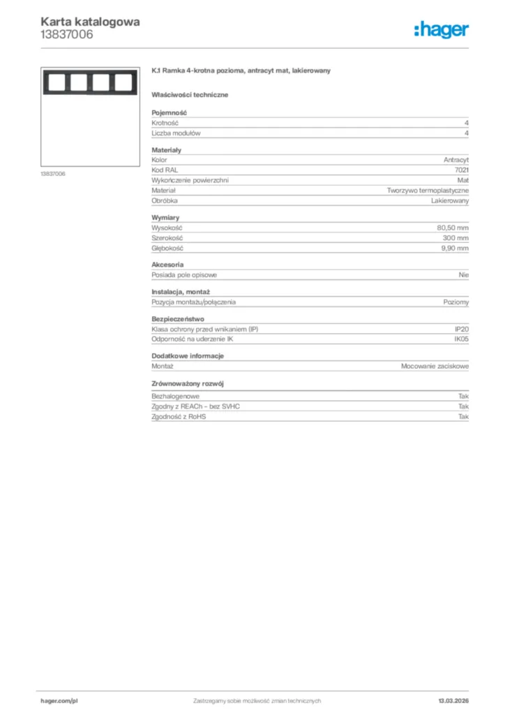 Zdjęcie Hager Karta katalogowa 13837006 | Hager Polska