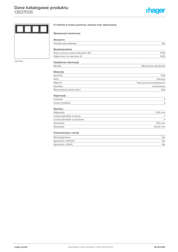 Zdjęcie Hager Karta katalogowa 13837006 | Hager Polska
