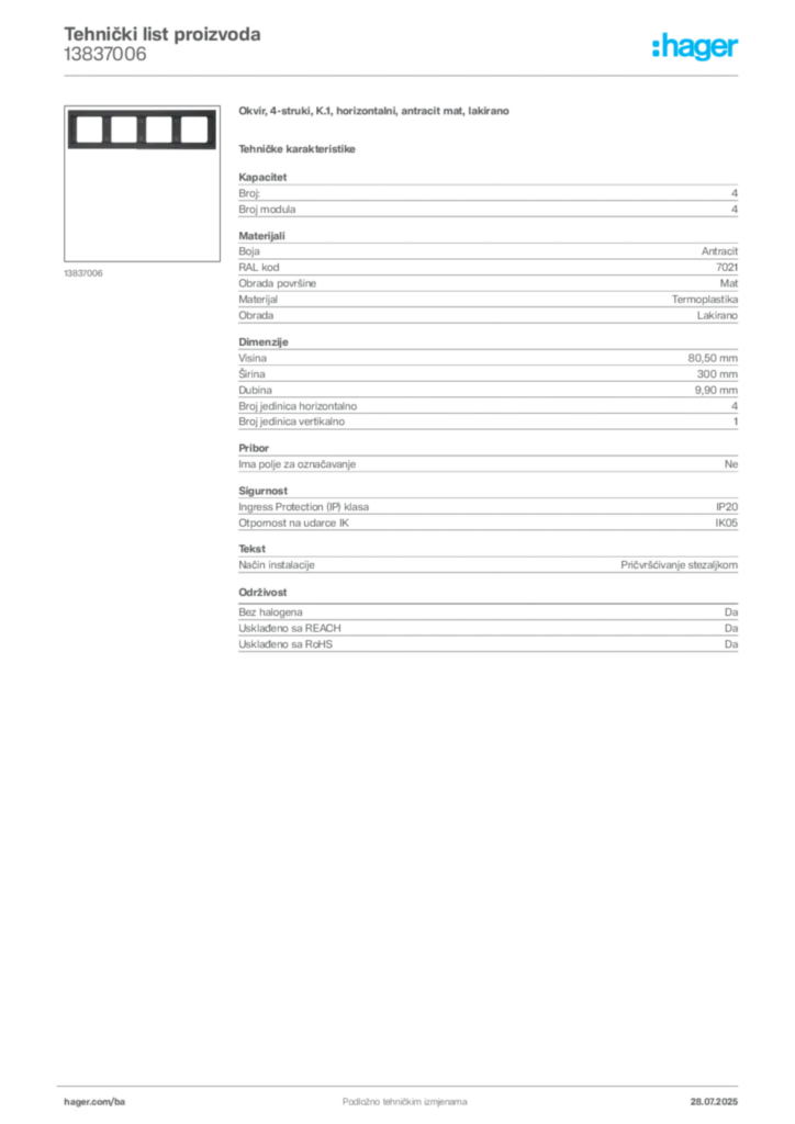 Slika Hager Product data sheet 13837006  | Hager