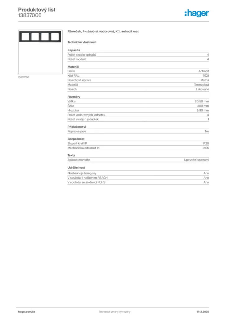 Obrázek Hager Produktový list 13837006 | Hager