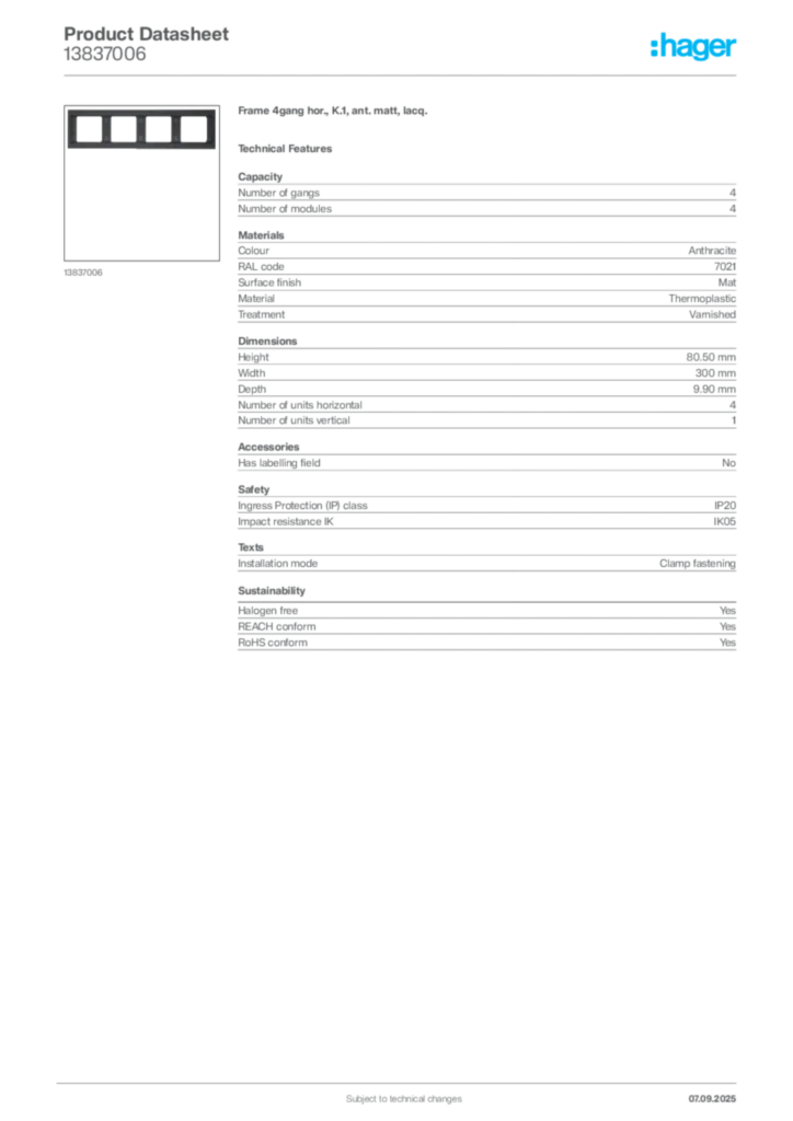Image Hager Product data sheet 13837006  | Hager