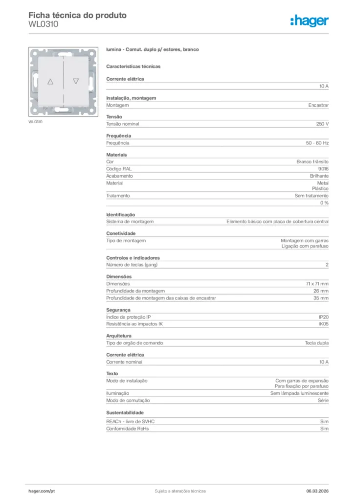 Imagem Hager Ficha técnica do produto WL0310 | Hager Portugal