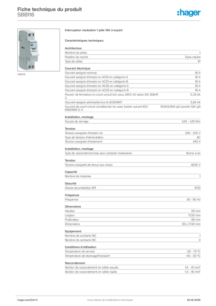 Image Hager Fiche technique du produit SBB116 | Hager Afrique