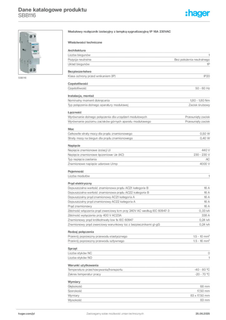 Zdjęcie Hager Karta katalogowa SBB116 | Hager Polska