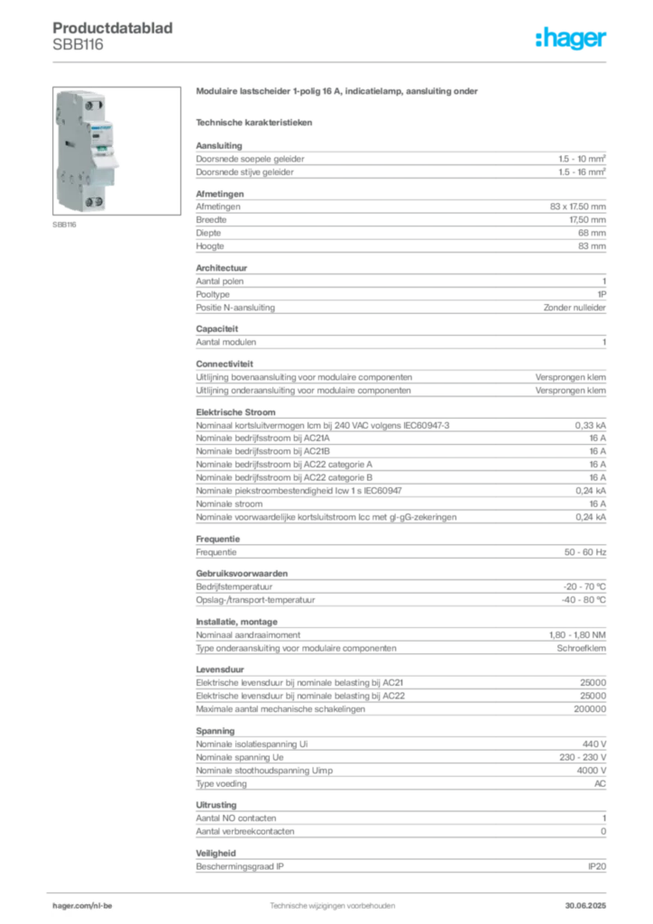 Afbeelding Hager Productdatablad SBB116 | Hager Belgium