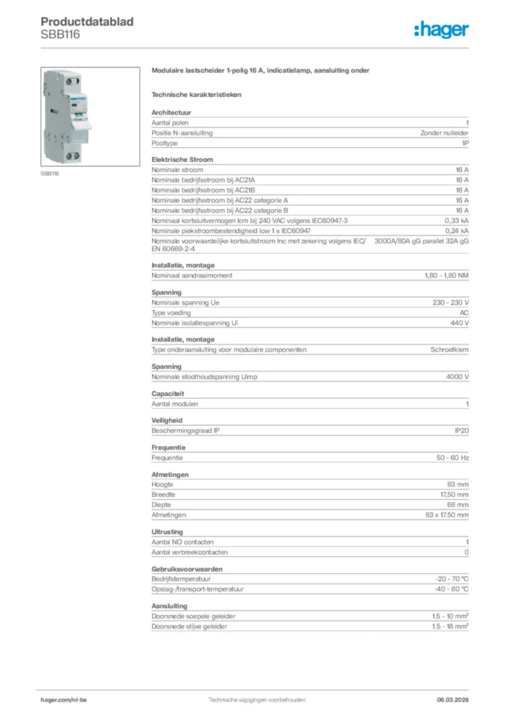 Afbeelding Hager Productdatablad SBB116 | Hager Belgium